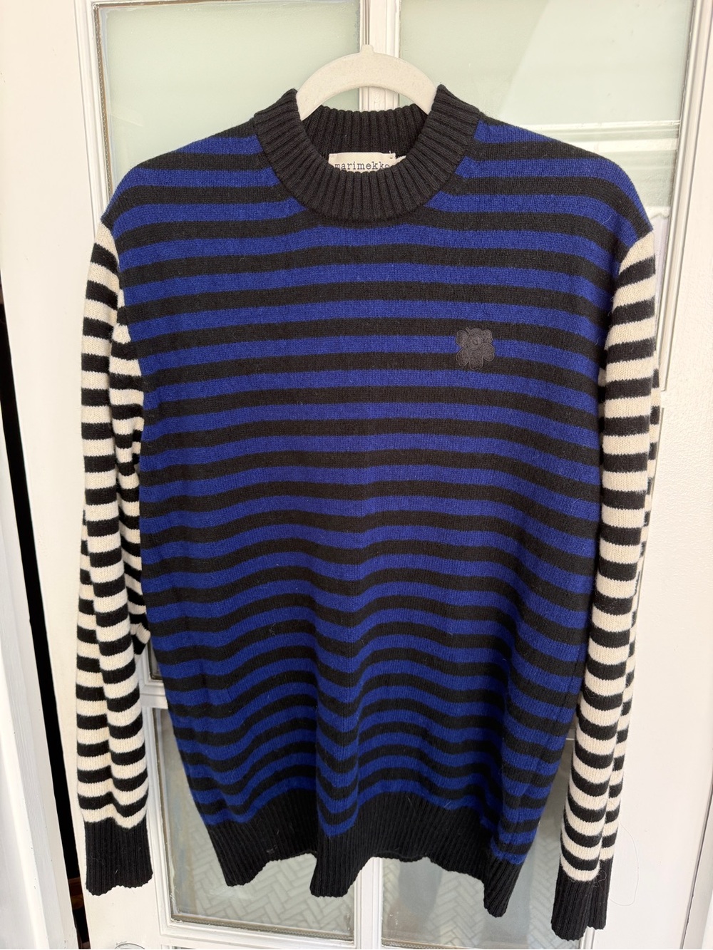 Marimekko Pehmyt Tasaraita Kioski Blue & Black Striped Wool Crewneck Sweater